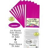 Artlantis Telli Dosya Plastik A4 10 Lu ve Poşet Dosya 50 Li 1 Paket Ekonomik Şeffaf Kapak Telli Dosya Okul Büro Ofis - Pembe