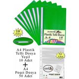 Artlantis Telli Dosya Plastik A4 10 Lu ve Poşet Dosya 50 Li 1 Paket Ekonomik Şeffaf Kapak Telli Dosya Okul Büro Ofis - Yeşil