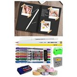 Artlantis Telli Siyah Defter A5 40 Yaprak Eskiz Fotoğraf Albümü Simli Kalem Simli Bant Sarı Beyaz Kurşun Jel Kalem Sigi Kalemtraş Çok Renkli