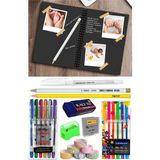 Artlantis Telli Siyah Defter A5 40 Yaprak Eskiz Fotoğraf Albümü Simli Neon Kalem Simli Bant Sarı Beyaz Kurşun Jel Kalem Kalemtraş