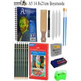 Artlantis Telli Suluboya Bloğu Kağıdı A5 210GR 20 Yaprak Ince Dokulu Gölgelendirme Zımpara 12 Renk Suluboya Dereceli Kalem Uzatma - Çok Renkli - Suluboya Kağıdı