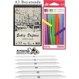 Artlantis Toz Pastel Boya 12 Renk A3 Eskiz Defteri Pastel Dağıtma Kalemi 1 Paket
