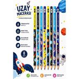 Artlantis Uzay Macerası Kurşun Kalem 8 Adet Faber Castell Yuvarlak Gövdeli Siyah Kurşun Kalem Yumuşak Yazım Kolay Tutuş Kaliteli - Çok Renkli - Standart