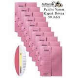 Artlantis Yarım Kapak Telli Dosya Pembe Karton 50 Adet Karton Yarım Kapaklı Kapsüllü Dosya A4 Boy 24x32 cm Klasör İçin Büro Ofis