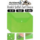 Artlantis Yeşil A4 Çıtçıtlı Dosya Şeffaf Renkli Zarf Dosya 5 Adet Çıt Çıtlı Dosya Su Geçirmez 100 Yaprak Kapasite - 24x34 cm