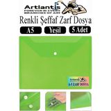 Artlantis Yeşil A5 Çıtçıtlı Dosya Şeffaf Renkli Zarf Dosya 5 Adet 17X22 cm Çıt Çıtlı Dosya Su Geçirmez 50 Yaprak Kapasiteli
