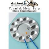 Artlantis Yuvarlak Metal Palet 1 Adet Metal Boya Paleti 10 Hazneli 17 cm Paslanmaz Resim Boyama Paleti Fırça - Gri Gümüş