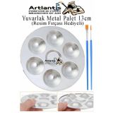 Artlantis Yuvarlak Metal Palet 1 Adet Metal Boya Paleti 7 Hazneli 13 cm Paslanmaz Resim Boyama Paleti Fırça Hediyeli