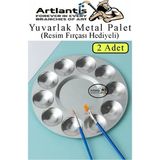 Artlantis Yuvarlak Metal Palet 2 Adet Metal Boya Paleti 10 Hazneli 17 cm Paslanmaz Resim Boyama Paleti Fırça - Gri Gümüş