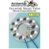 Artlantis Yuvarlak Metal Palet 3 Adet Metal Boya Paleti 10 Hazneli 17 Cm Paslanmaz Resim Boyama Paleti Fırça Hediyeli