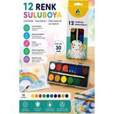 ArtMaster 12 Renk Sulu Boya 30MM 1 Paket Adel 12 Li Suluboya Fırça Hediyeli Canlı Renkler Kaliteli Yıkanabilir Zararsız Büyük Boy - Çok Renkli