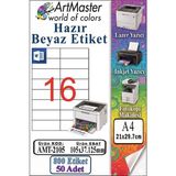 ArtMaster A4 Hazır Beyaz Etiket 105X37.125MM 50 Sayfa 1 Paket 16 Lı Kendinden Yapışkanlı Fotokopi Lazer Inkjet Kağıdı Yazıcılar - Standart