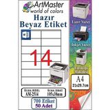 ArtMaster A4 Hazır Beyaz Etiket 105X38 mm 50 Sayfa 1 Paket 14 Lü Kendinden Yapışkanlı Fotokopi Lazer Inkjet Kağıdı Yazıcılar Için - Standart