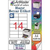 ArtMaster A4 Hazır Beyaz Etiket 105X42.7MM 50 Sayfa 1 Paket 14 Lü Kendinden Yapışkanlı Fotokopi Lazer Inkjet Kağıdı Yazıcılar Için - Standart