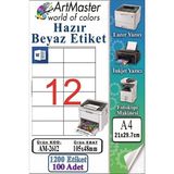 ArtMaster A4 Hazır Beyaz Etiket 105X48 mm 100 Sayfa 1 Paket 12 Li Kendinden Yapışkanlı Fotokopi Lazer Inkjet Kağıdı Yazıcılar Için - Standart
