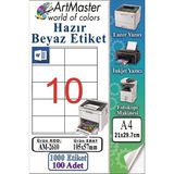 ArtMaster A4 Hazır Beyaz Etiket 105X57 mm 100 Sayfa 1 Paket 10 Lu Kendinden Yapışkanlı Fotokopi Lazer Inkjet Kağıdı Yazıcılar Için - Standart