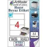 ArtMaster A4 Hazır Beyaz Etiket 192X59 mm 4 Lü 10 Sayfa 1 Paket Kendinden Yapışkanlı Fotokopi Lazer Inkjet Kağıdı Yazıcılar - Standart