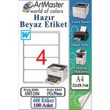 ArtMaster A4 Hazır Beyaz Etiket 192X59 mm 4 Lü 100 Sayfa 1 Paket Kendinden Yapışkanlı Fotokopi Lazer Inkjet Kağıdı Yazıcılar - Standart