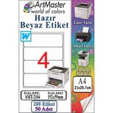 ArtMaster A4 Hazır Beyaz Etiket 192X59 mm 4 Lü 50 Sayfa 1 Paket Kendinden Yapışkanlı Fotokopi Lazer Inkjet Kağıdı Yazıcılar - Standart