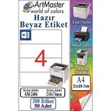 ArtMaster A4 Hazır Beyaz Etiket 210X74.25MM 50 Sayfa 1 Paket 4 Lü Kendinden Yapışkanlı Fotokopi Lazer Inkjet Kağıdı Yazıcılar Için - Standart