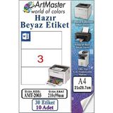 ArtMaster A4 Hazır Beyaz Etiket 210X99 mm 10 Sayfa 1 Paket 3 Lü Kendinden Yapışkanlı Fotokopi Lazer Inkjet Kağıdı Yazıcılar Için - Standart