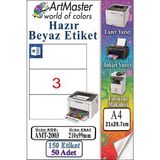 ArtMaster A4 Hazır Beyaz Etiket 210X99 mm 50 Sayfa 1 Paket 3 Lü Kendinden Yapışkanlı Fotokopi Lazer Inkjet Kağıdı Yazıcılar Için - Standart