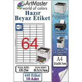 ArtMaster A4 Hazır Beyaz Etiket 48.5X16.9MM 10 Sayfa 1 Paket 64 Lü Kendinden Yapışkanlı Fotokopi Lazer Inkjet Kağıdı Yazıcılar - Standart