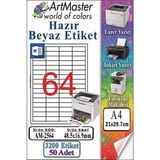 ArtMaster A4 Hazır Beyaz Etiket 48.5X16.9MM 50 Sayfa 1 Paket 64 Lü Kendinden Yapışkanlı Fotokopi Lazer Inkjet Kağıdı Yazıcılar - Standart