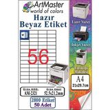 ArtMaster A4 Hazır Beyaz Etiket 52.5X21.2MM 50 Sayfa 1 Paket 56 Lı Kendinden Yapışkanlı Fotokopi Lazer Inkjet Kağıdı Yazıcılar - Standart