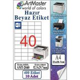 ArtMaster A4 Hazır Beyaz Etiket 52.5X29.7MM 10 Sayfa 1 Paket 40 Lı Kendinden Yapışkanlı Fotokopi Lazer Injekt Kağıdı Yazıcılar - Standart