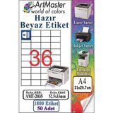 ArtMaster A4 Hazır Beyaz Etiket 52.5X33MM 50 Sayfa 1 Paket 36 Lı Kendinden Yapışkanlı Fotokopi Lazer Inkjet Kağıdı Yazıcılar Için - Standart