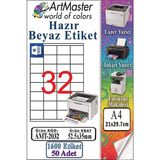 ArtMaster A4 Hazır Beyaz Etiket 52.5X35MM 50 Sayfa 1 Paket 32 Li Kendinden Yapışkanlı Fotokopi Lazer Inkjet Kağıdı Yazıcılar Için - Standart