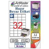 ArtMaster A4 Hazır Beyaz Etiket 52.5x35mm 50 Sayfa 1 Paket 32 li Kendinden Yapışkanlı Fotokopi Lazer İnkjet Kağıdı Yazıcılar İçin