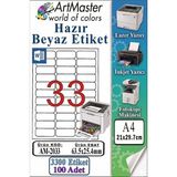 ArtMaster A4 Hazır Beyaz Etiket 63.5X25.4MM 100 Sayfa 1 Paket 33 Lü Kendinden Yapışkanlı Fotokopi Lazer Inkjet Kağıdı Yazıcılarla - Standart