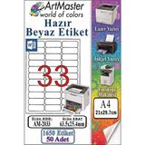 ArtMaster A4 Hazır Beyaz Etiket 63.5X25.4MM 50 Sayfa 1 Paket 33 Lü Kendinden Yapışkanlı Fotokopi Lazer Inkjet Kağıdı Yazıcılarla - Standart