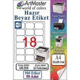 ArtMaster A4 Hazır Beyaz Etiket 63.5X46.6MM 50 Sayfa 1 Paket 18 Li Kendinden Yapışkanlı Fotokopi Lazer Inkjet Kağıdı Yazıcılarla - Standart