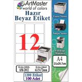 ArtMaster A4 Hazır Beyaz Etiket 63.5X72MM 100 Sayfa 1 Paket 12 Li Kendinden Yapışkanlı Fotokopi Lazer Inkjet Kağıdı Yazıcılar Için - Standart