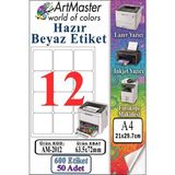 ArtMaster A4 Hazır Beyaz Etiket 63.5X72MM 50 Sayfa 1 Paket 12 Li Kendinden Yapışkanlı Fotokopi Lazer Inkjet Kağıdı Yazıcılar Için - Standart