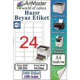 ArtMaster A4 Hazır Beyaz Etiket 64X34 mm 100 Sayfa 1 Paket 24 Lü Kendinden Yapışkanlı Fotokopi Lazer Inkjet Kağıdı Yazıcılar Için - Standart