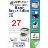 ArtMaster A4 Hazır Beyaz Etiket 70X30 mm 100 Sayfa 1 Paket 27 Li Kendinden Yapışkanlı Fotokopi Lazer Inkjet Kağıdı Yazıcılar Için - Standart