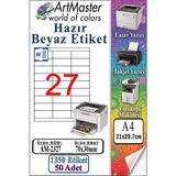 ArtMaster A4 Hazır Beyaz Etiket 70X30 mm 50 Sayfa 1 Paket 27 Li Kendinden Yapışkanlı Fotokopi Lazer Inkjet Kağıdı Yazıcılar Için - Standart