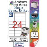 ArtMaster A4 Hazır Beyaz Etiket 70X36 mm 50 Sayfa 1 Paket 24 Lü Kendinden Yapışkanlı Fotokopi Lazer Inkjet Kağıdı Yazıcılar Için - Standart