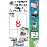 ArtMaster A4 Hazır Beyaz Etiket 95.5X65.5 mm 8 Li 100 Sayfa 1 Paket Kendinden Yapışkanlı Fotokopi Lazer Inkjet Kağıdı Yazıcılar - Standart