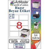 ArtMaster A4 Hazır Beyaz Etiket 95.5X65.5 mm 8 Li 50 Sayfa 1 Paket Kendinden Yapışkanlı Fotokopi Lazer Inkjet Kağıdı Yazıcılar - Standart