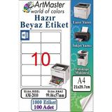 ArtMaster A4 Hazır Beyaz Etiket 99.06X57MM 100 Sayfa 1 Paket 10 Lu Kendinden Yapışkanlı Fotokopi Lazer Inkjet Kağıdı Yazıcılar Ile - Standart