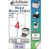 ArtMaster A4 Hazır Beyaz Etiket 99.1X139MM 100 Sayfa 1 Paket 4 Lü Kendinden Yapışkanlı Fotokopi Lazer Inkjet Kağıdı Yazıcılar Için - Standart