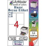 ArtMaster A4 Hazır Beyaz Etiket 99.1X139MM 50 Sayfa 1 Paket 4 Lü Kendinden Yapışkanlı Fotokopi Lazer Inkjet Kağıdı Yazıcılar Için - Standart