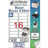 ArtMaster A4 Hazır Beyaz Etiket 99.1X34MM 100 Sayfa 1 Paket 16 Lı Kendinden Yapışkanlı Fotokopi Lazer Inkjet Kağıdı Yazıcılar Için - Standart