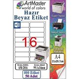 ArtMaster A4 Hazır Beyaz Etiket 99.1X34MM 50 Sayfa 1 Paket 16 Lı Kendinden Yapışkanlı Fotokopi Lazer Inkjet Kağıdı Yazıcılar Için - Standart
