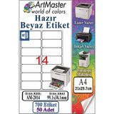 ArtMaster A4 Hazır Beyaz Etiket 99.1X38.1MM 50 Sayfa 1 Paket 14 Lü Kendinden Yapışkanlı Fotokopi Lazer Inkjet Kağıdı Yazıcılarla - Standart